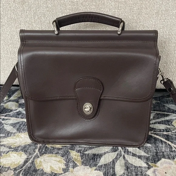 Brown Leather Bag Crossbody Top Handle Silver Accents Like New Flap Turn lock - Picture 2 of 15